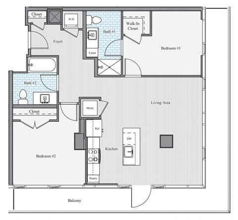 Floor plan for 2 beds, 2 baths, 1150 sqft