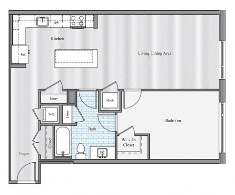 Floor plan for 1 bed, 1 bath, 913 sqft