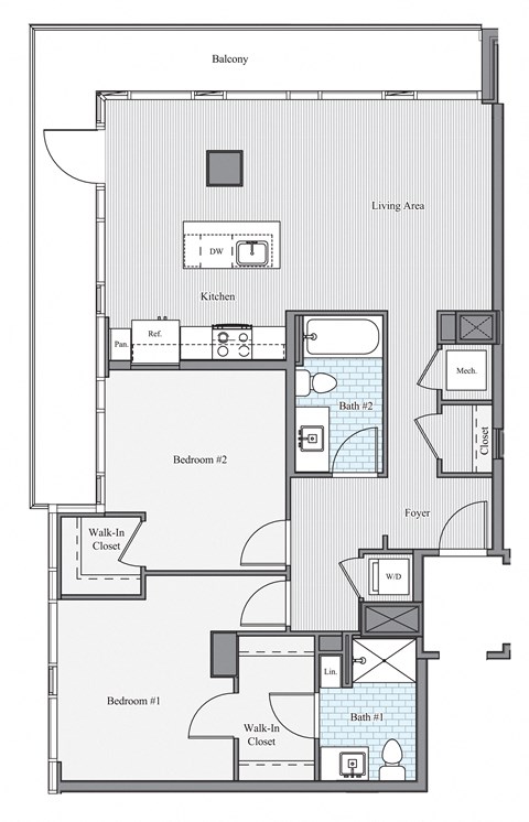 Floor plan for 2 beds, 2 baths, 1131 sqft