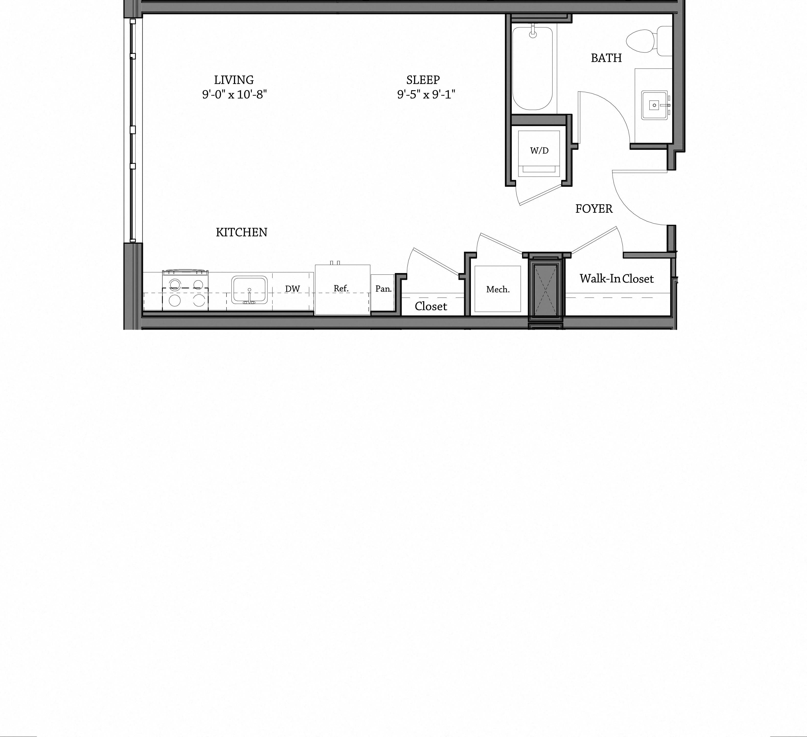Floor plan for studio, 1 bath, 555 sqft
