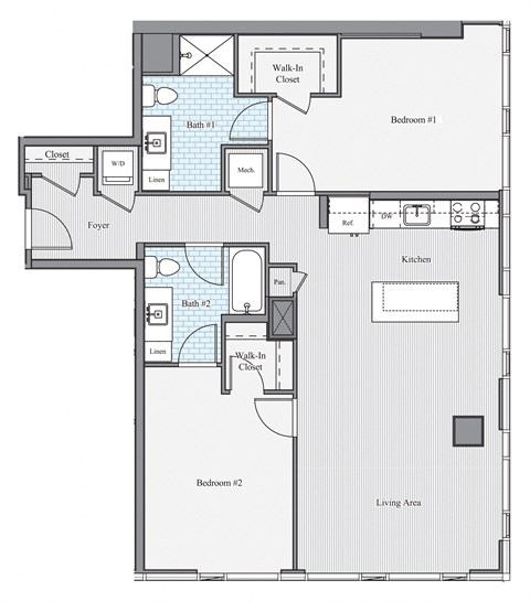Floor plan for 2 beds, 2 baths, 1174 sqft