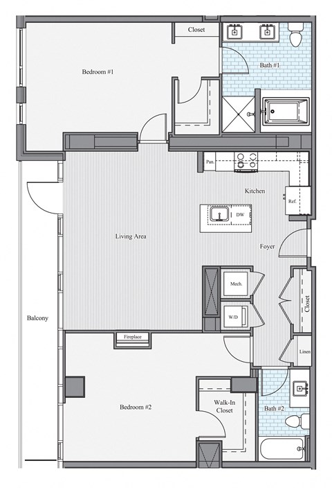 Floor plan for 2 beds, 2 baths, 1098 sqft