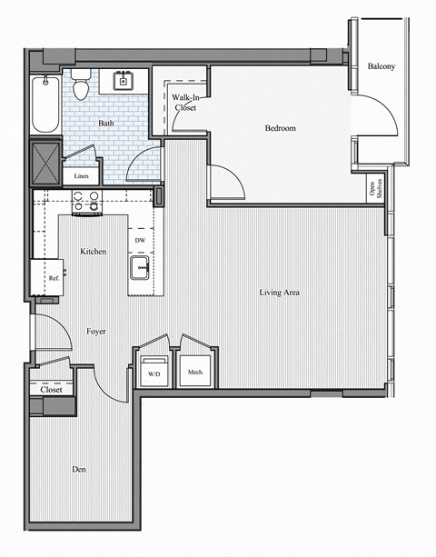 Floor plan for 1 bed, 1 bath, 956 sqft