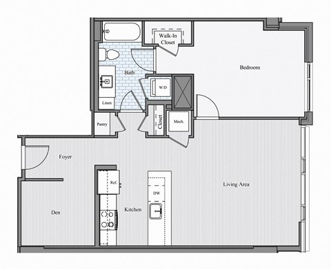 Floor plan for 1 bed, 1 bath, 918 sqft