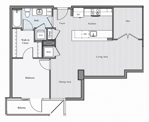 Floor plan for 1 bed, 1 bath, 859 sqft