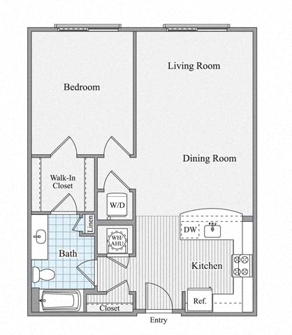 Floor plan for 1 bed, 1 bath, 900 sqft