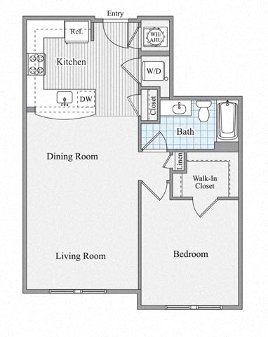 Floor plan for 1 bed, 1 bath, 775 sqft