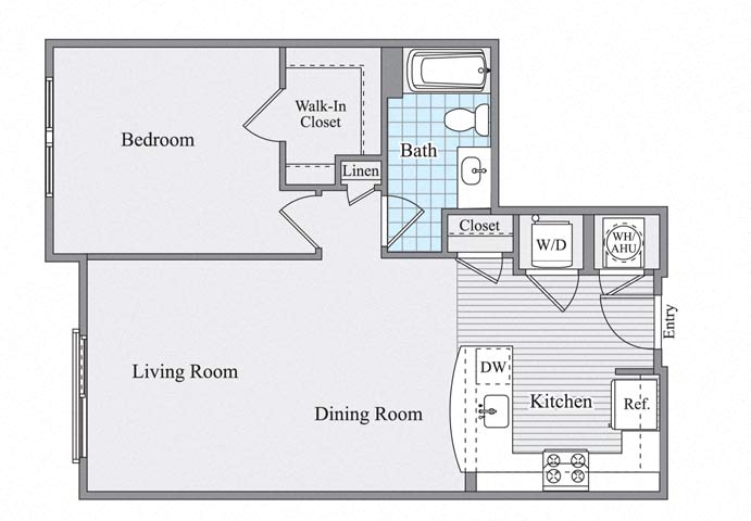 Floor plan for 1 bed, 1 bath, 764 sqft