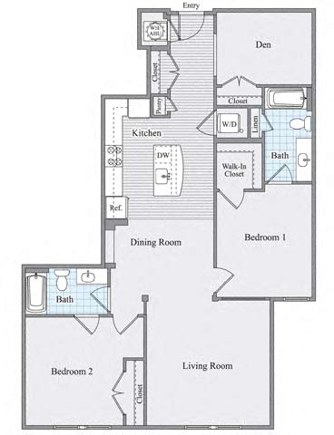 Floor plan for 2 beds, 2 baths, 1351 sqft