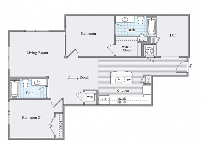 Floor plan for 2 beds, 2 baths, 1257 sqft
