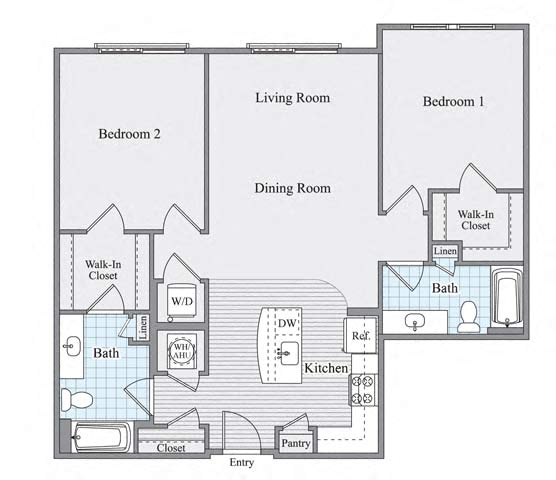 Floor plan for 2 beds, 2 baths, 1200 sqft