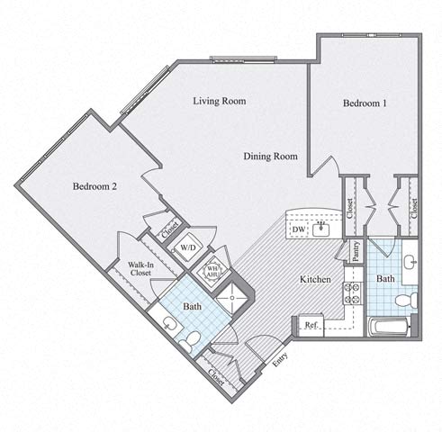 Floor plan for 2 beds, 2 baths, 1224 sqft