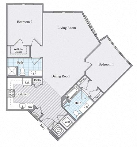 Floor plan for 2 beds, 2 baths, 1154 sqft