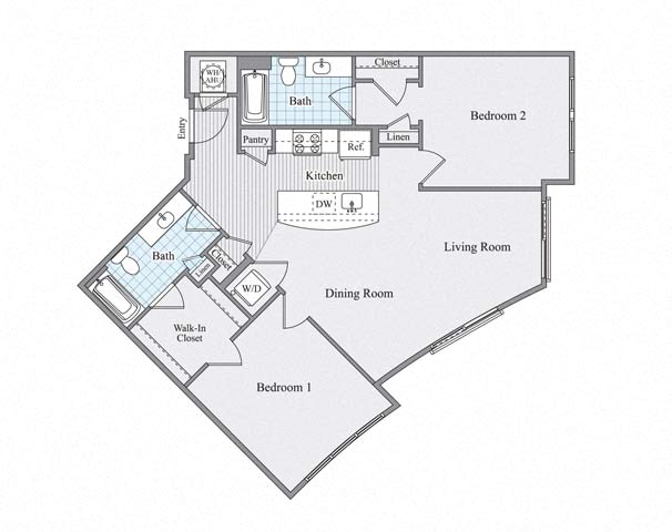 Floor plan for 2 beds, 2 baths, 1093 sqft