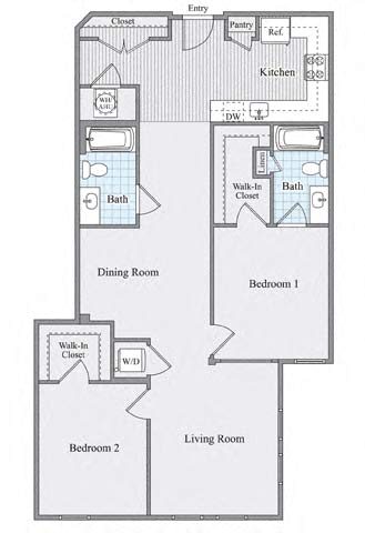 Floor plan for 2 beds, 2 baths, 1254 sqft