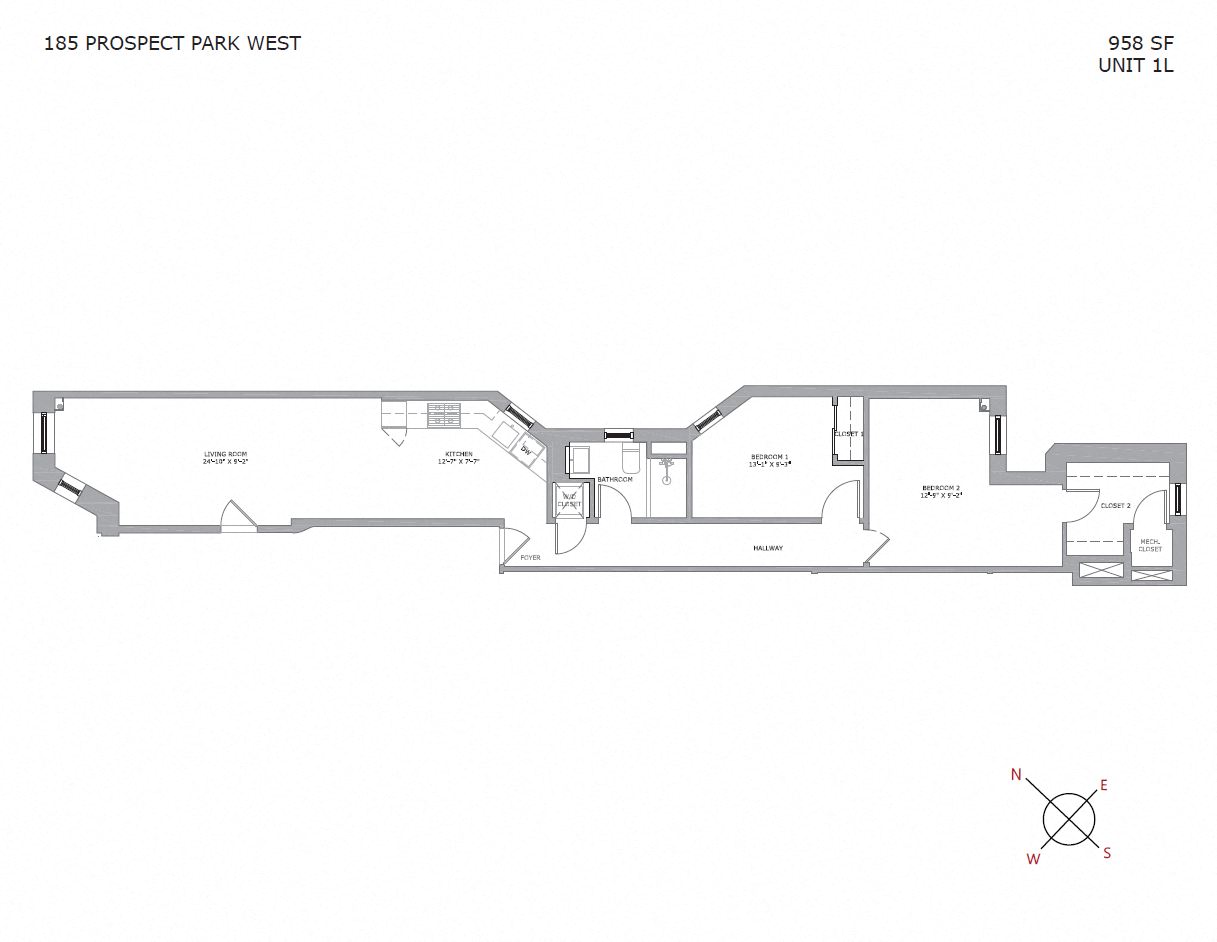 Floor plan for 2 beds, 1 bath, 1000 sqft