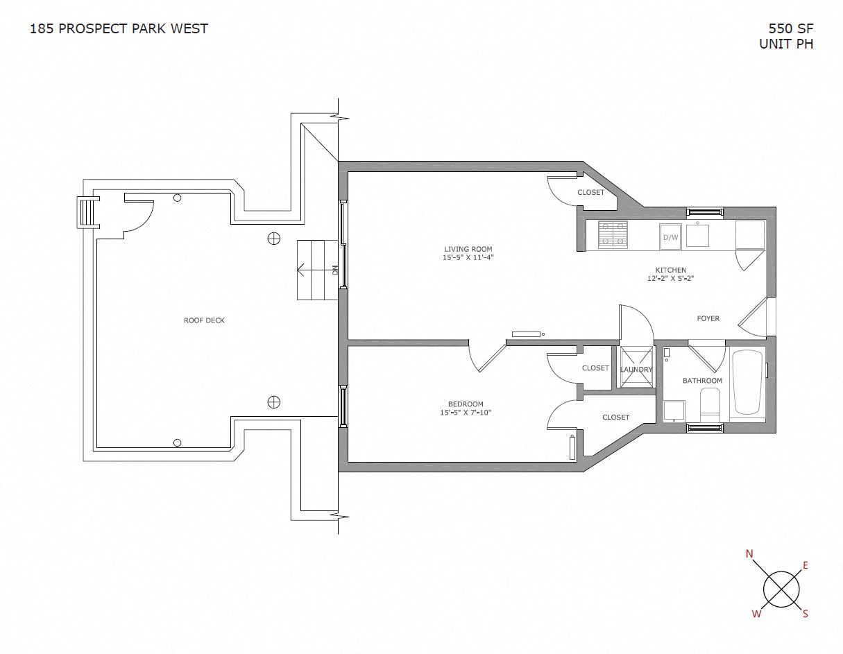 Floor plan for 1 bed, 1 bath, 600 sqft