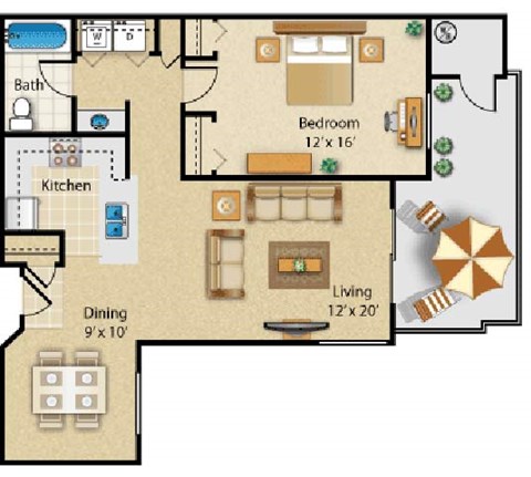Floor plan for 1 bed, 1 bath, 872 sqft