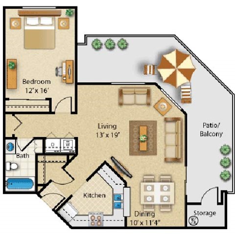 Floor plan for 1 bed, 1 bath, 889 sqft
