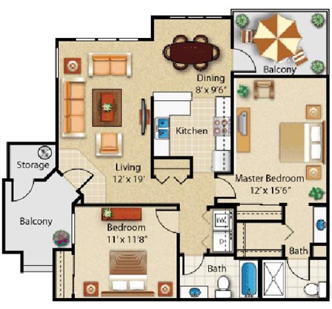 Floor plan for 2 beds, 2 baths, 1149 sqft