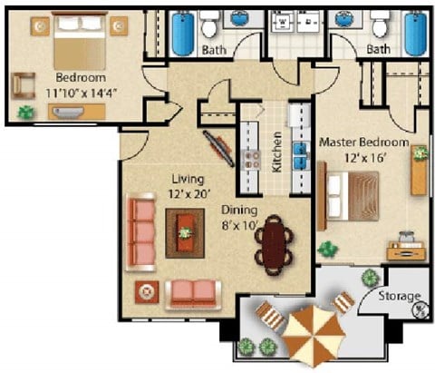 Floor plan for 2 beds, 2 baths, 1137 sqft