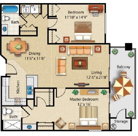 Floor plan for 2 beds, 2 baths, 1171 sqft
