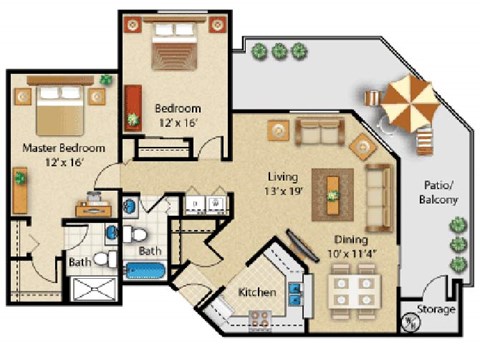 Floor plan for 2 beds, 2 baths, 1185 sqft
