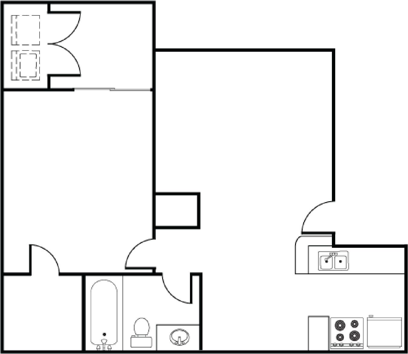 Floor plan for 1 bed, 1 bath, 615 sqft