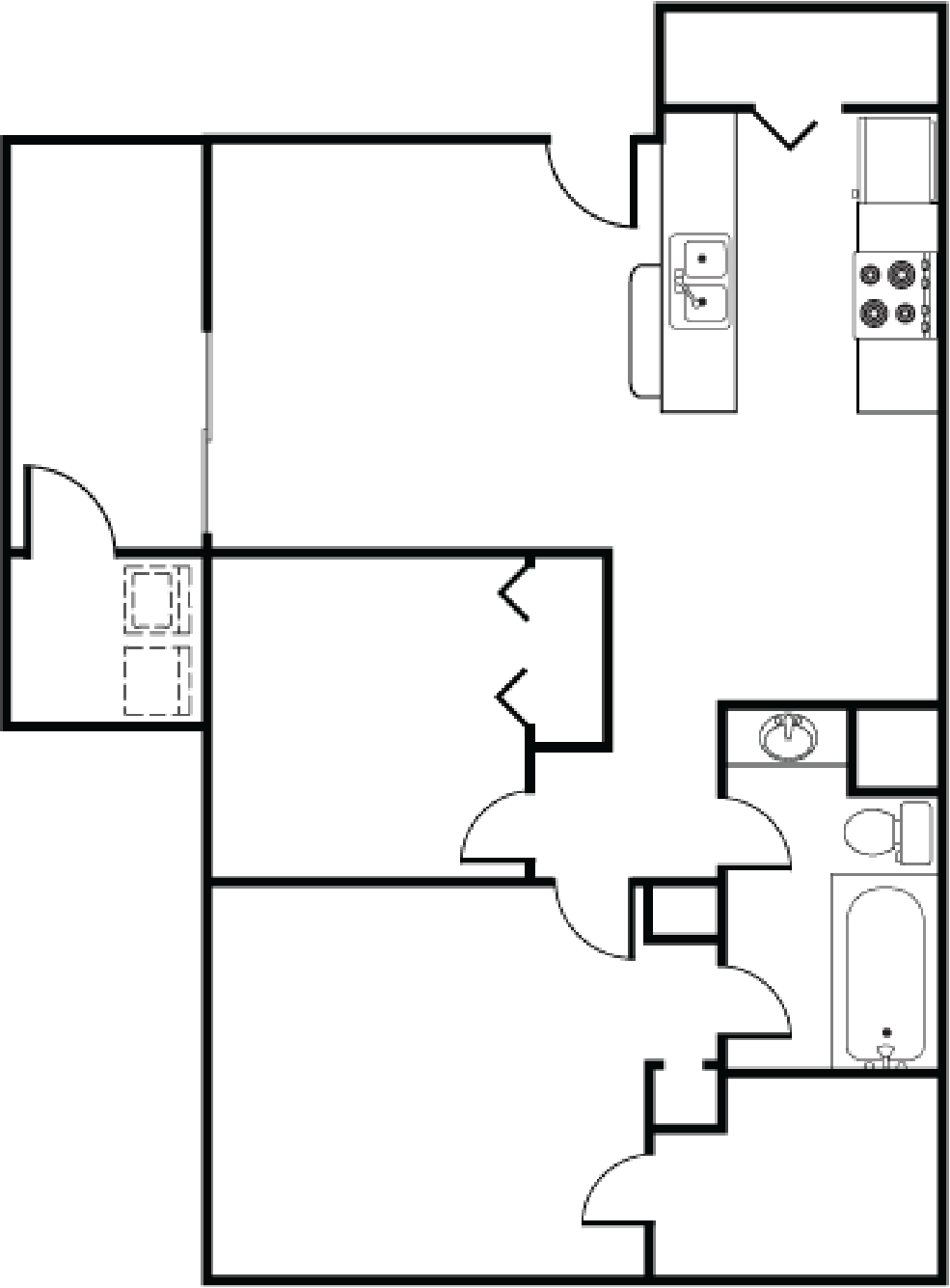 Floor plan for 2 beds, 1 bath, 852 sqft