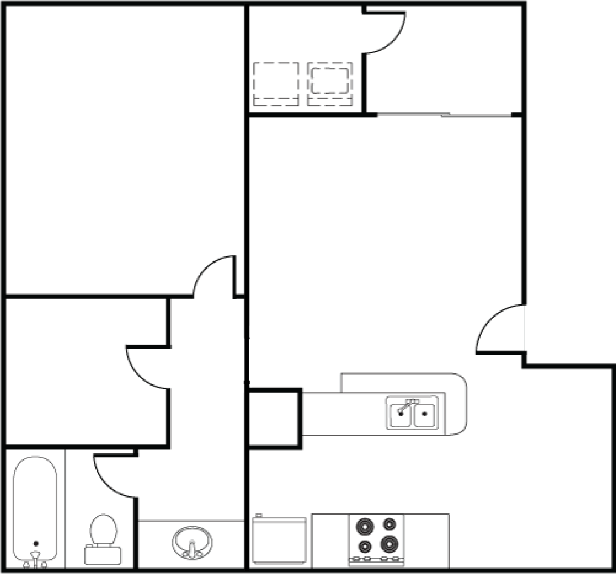 Floor plan for 1 bed, 1 bath, 657 sqft