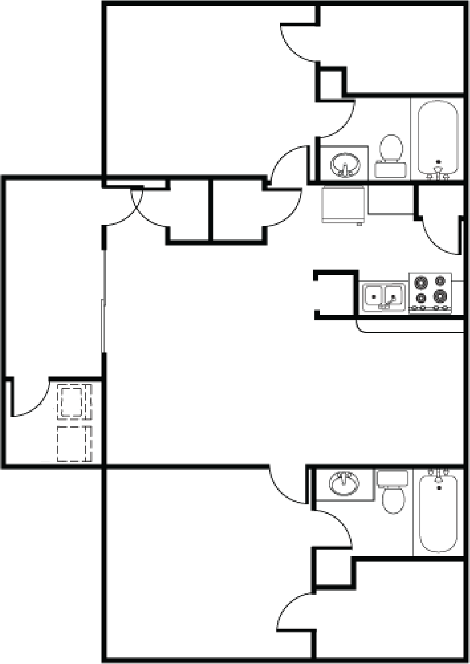 Floor plan for 2 beds, 2 baths, 954 sqft