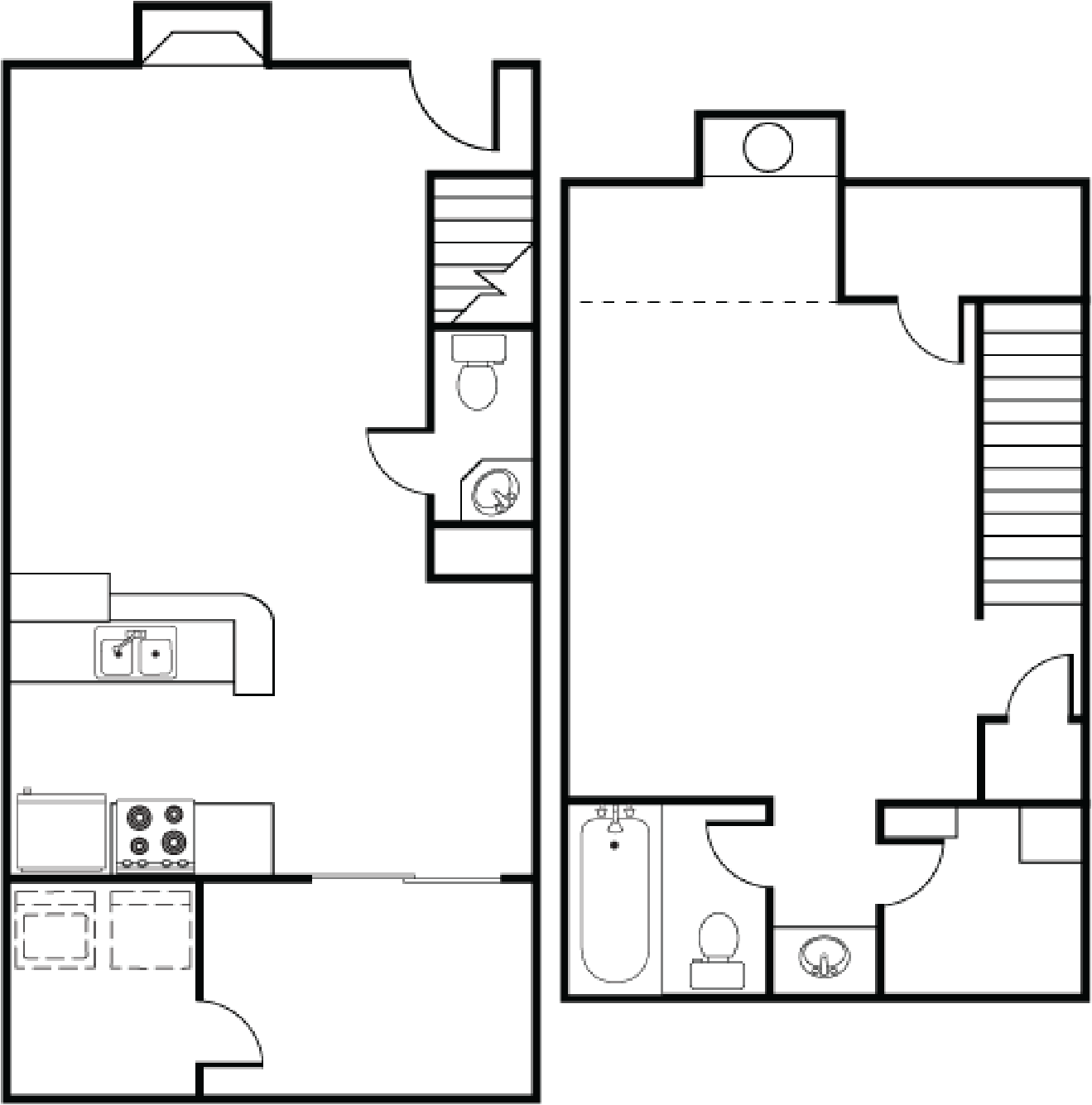 Floor plan for 1 bed, 1.5 baths, 711 sqft
