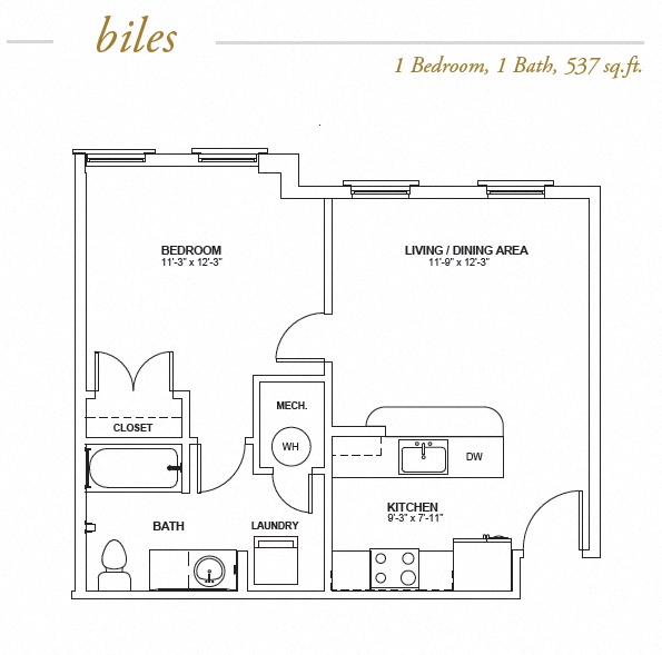 Floor plan for 1 bed, 1 bath, 537 sqft