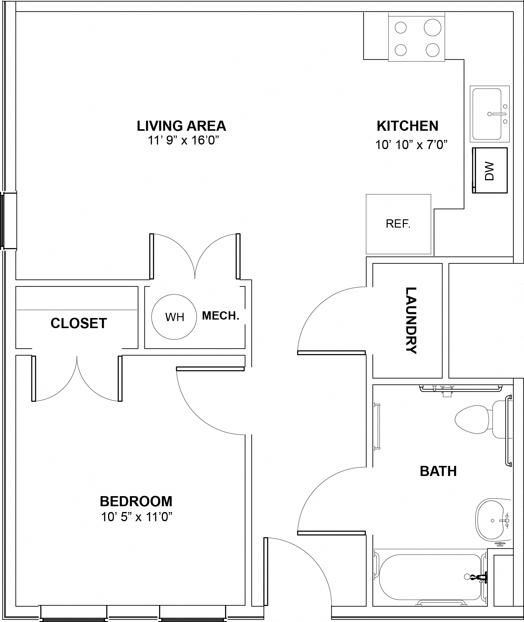 Floor plan for 1 bed, 1 bath, 606 sqft