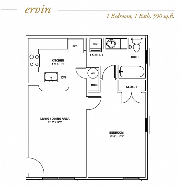 Floor plan for 1 bed, 1 bath, 590 sqft