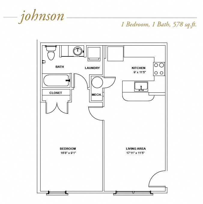 Floor plan for 1 bed, 1 bath, 578 sqft