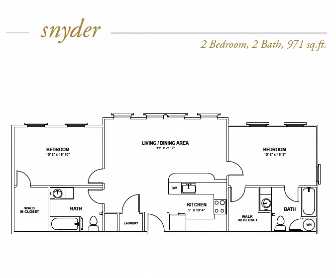 Floor plan for 2 beds, 2 baths, 971 sqft