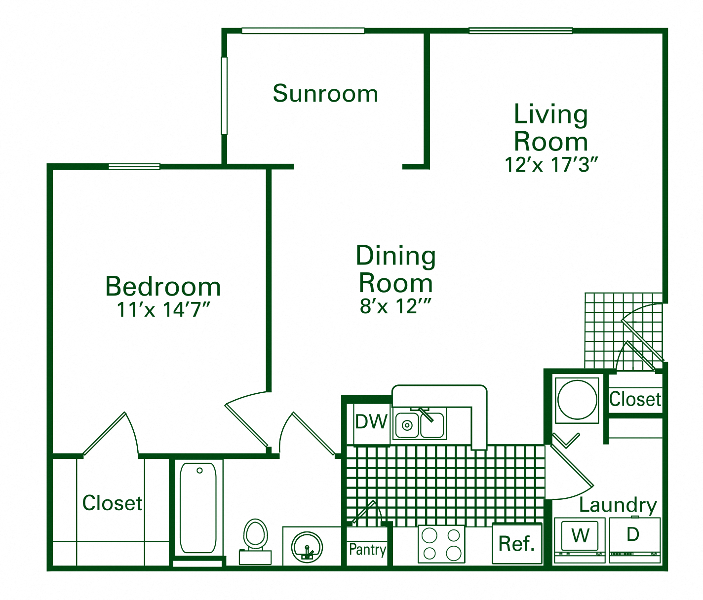 Floor plan for 1 bed, 1 bath, 841 sqft