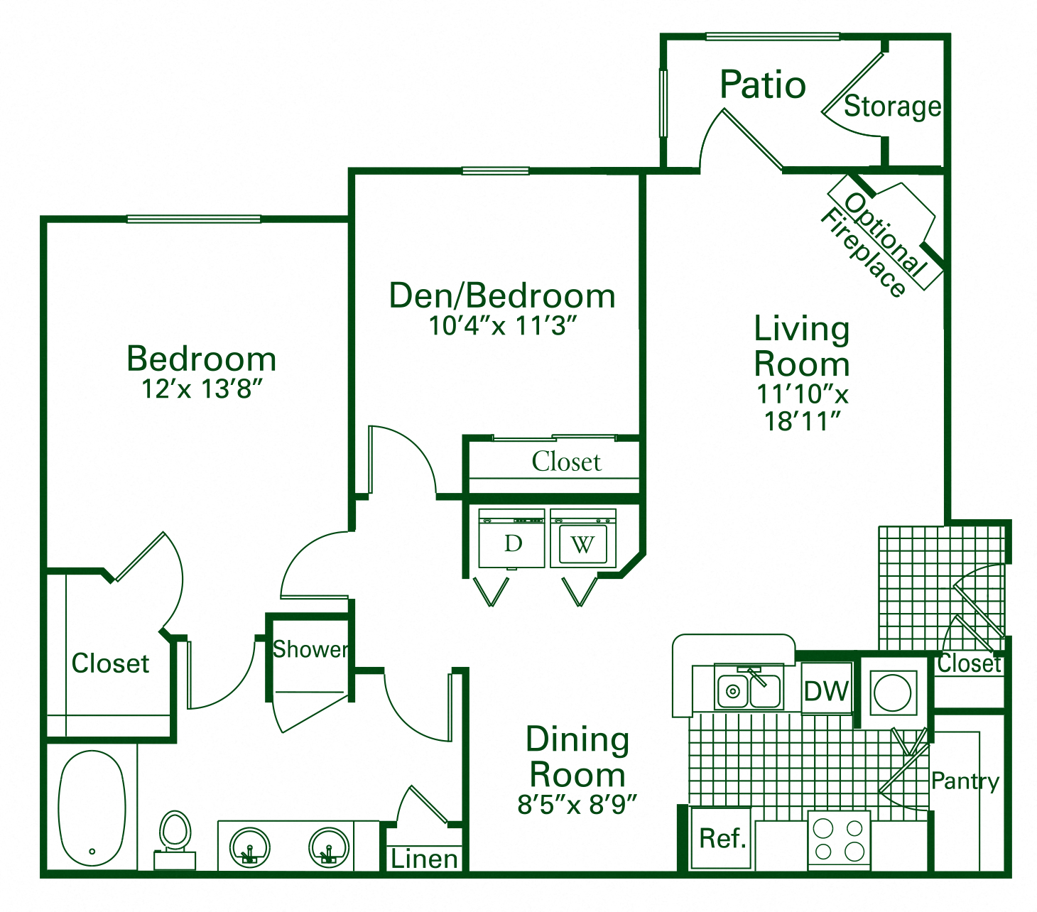 Floor plan for 2 beds, 1 bath, 1046 sqft