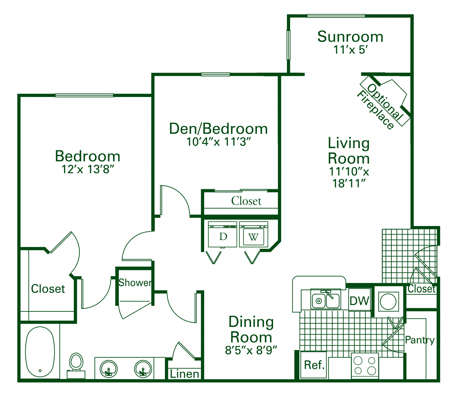 Floor plan for 2 beds, 1 bath, 1110 sqft