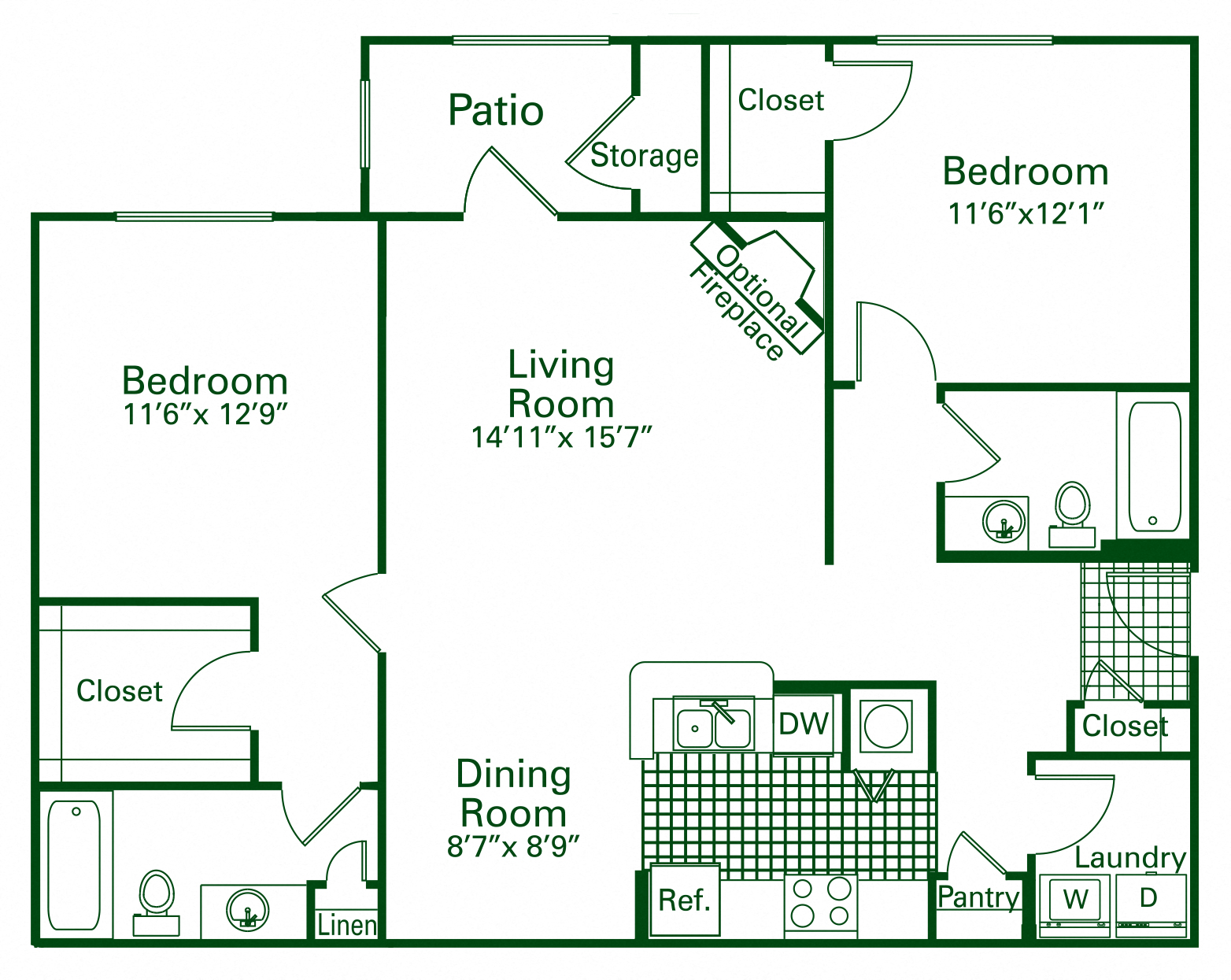 Floor plan for 2 beds, 2 baths, 1104 sqft