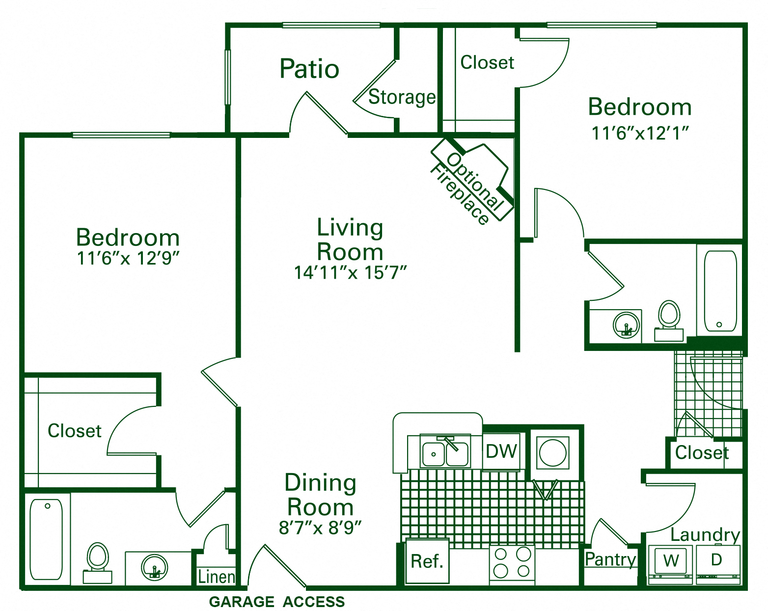 Floor plan for 2 beds, 2 baths, 1104 sqft