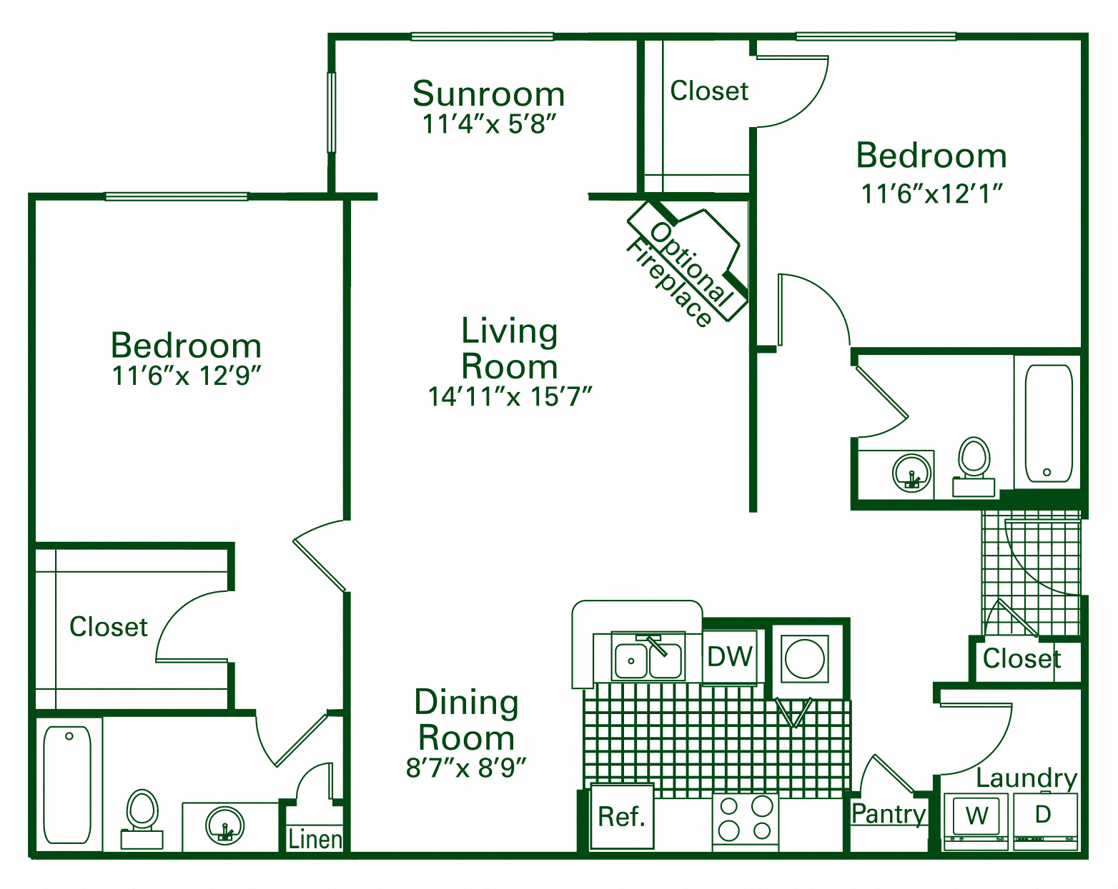 Floor plan for 2 beds, 2 baths, 1176 sqft