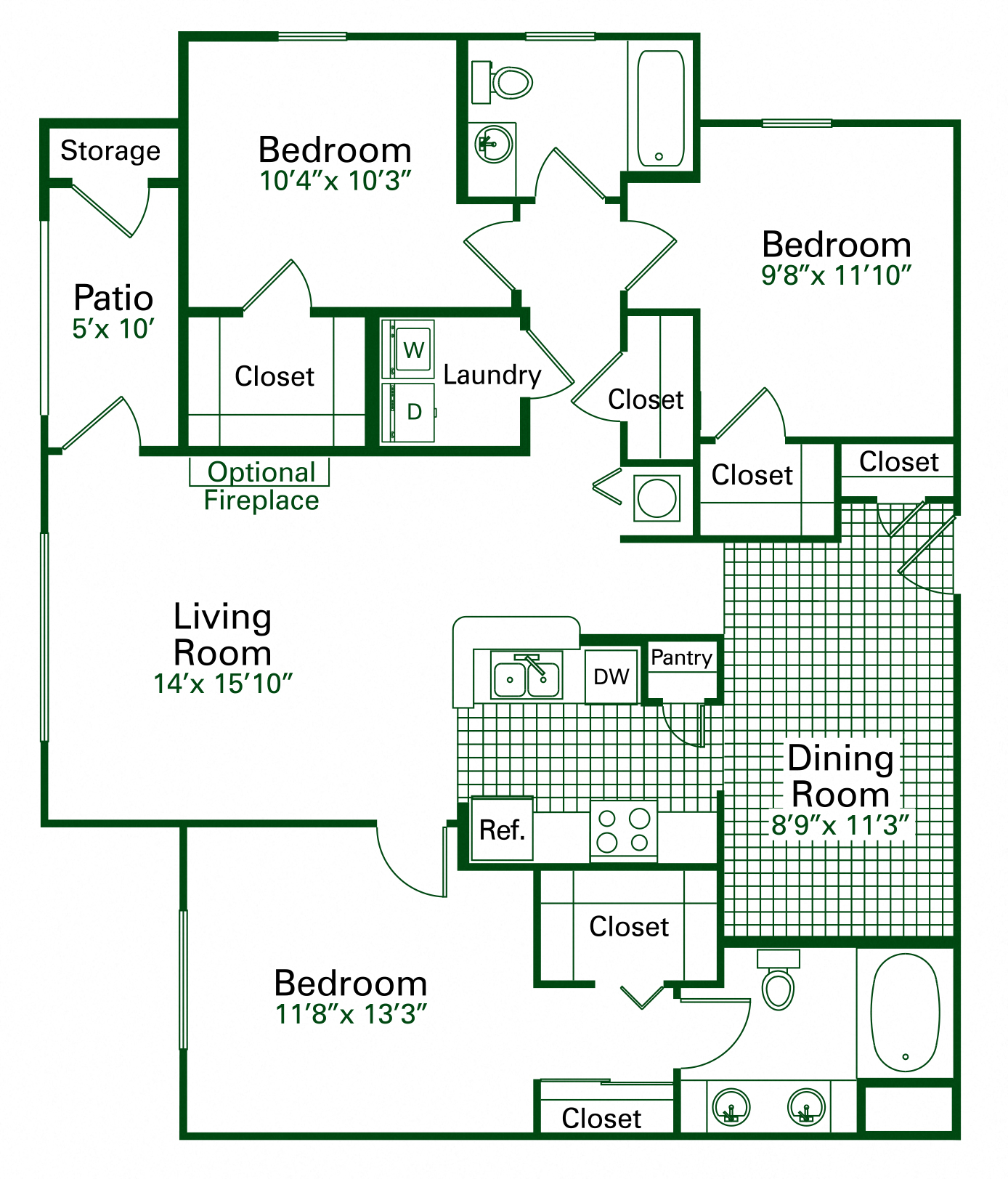 Floor plan for 3 beds, 2 baths, 1327 sqft