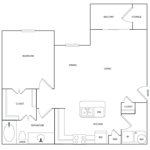 Floor plan for 1 bed, 1 bath, 792 sqft