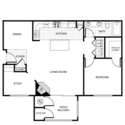 Floor plan for 1 bed, 1 bath, 972 sqft