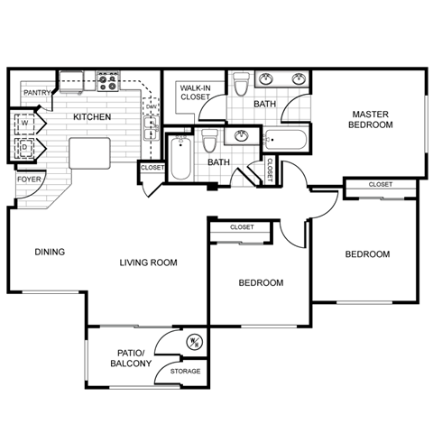 Floor plan for 3 beds, 2 baths, 1250 sqft