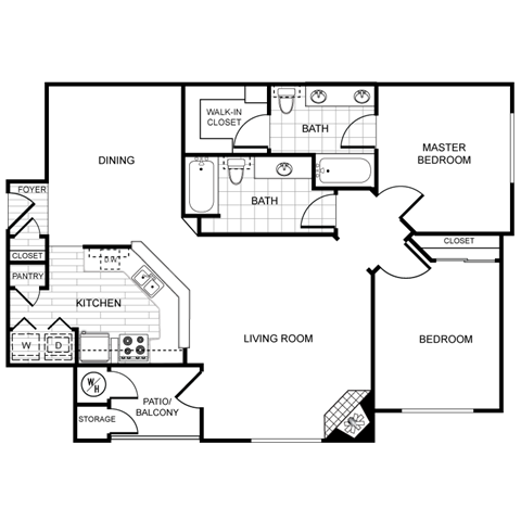 Floor plan for 2 beds, 2 baths, 1200 sqft