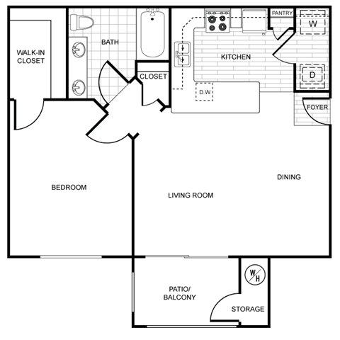 Floor plan for 1 bed, 1 bath, 792 sqft