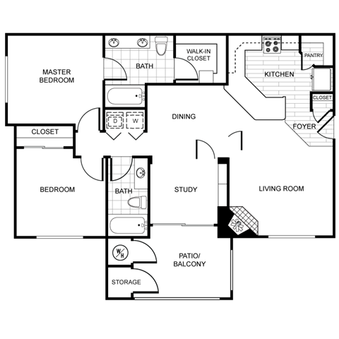 Floor plan for 2 beds, 2 baths, 1154 sqft